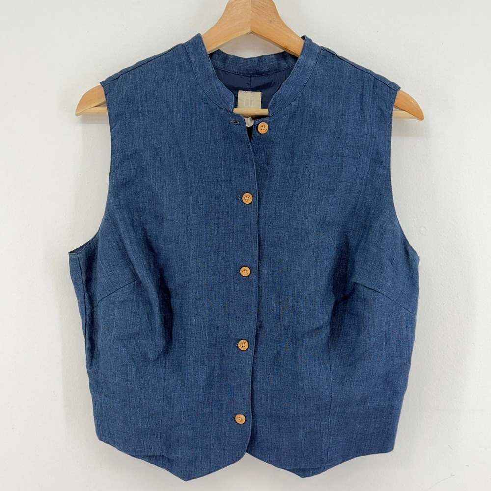 Gap Y2K Womens Blue Linen Button Up Waistcoat Vest Lace Up Back L Cottage Layer